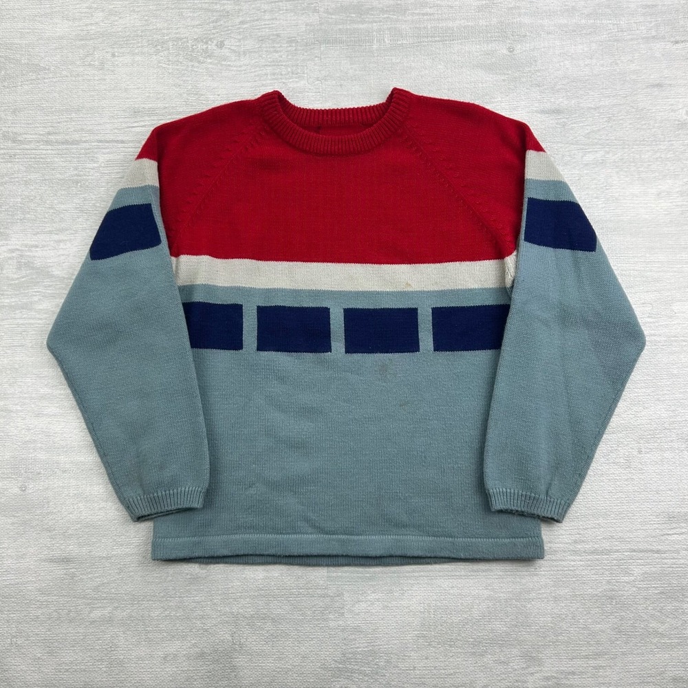 Vintage Y2K Swag Sweater Size Medium Blue Red Striped Pull Over Grandpa Boho